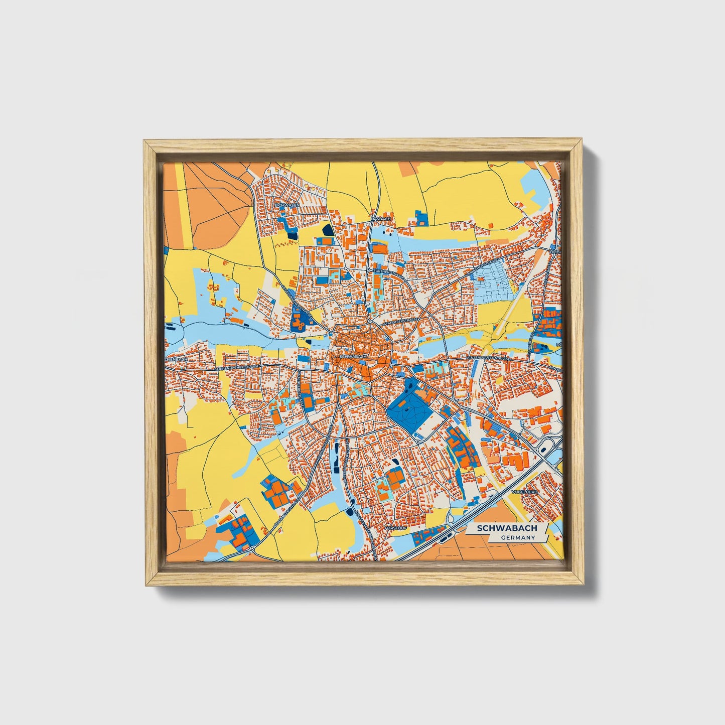 Schwabach Germany Colorful City Map Canvas Print • Natural Wooden Framed