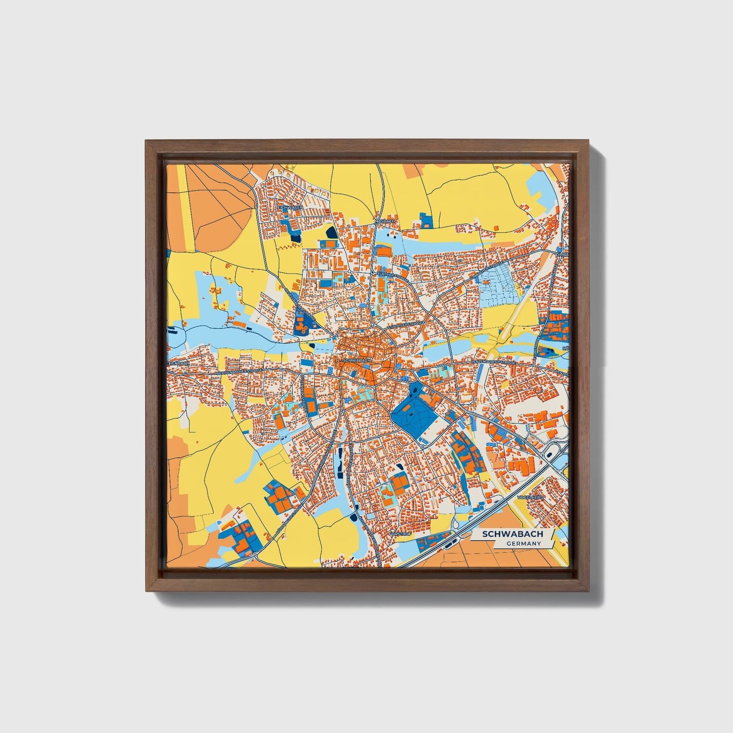 Schwabach Germany Colorful City Map Canvas Print • Dark Wooden Framed