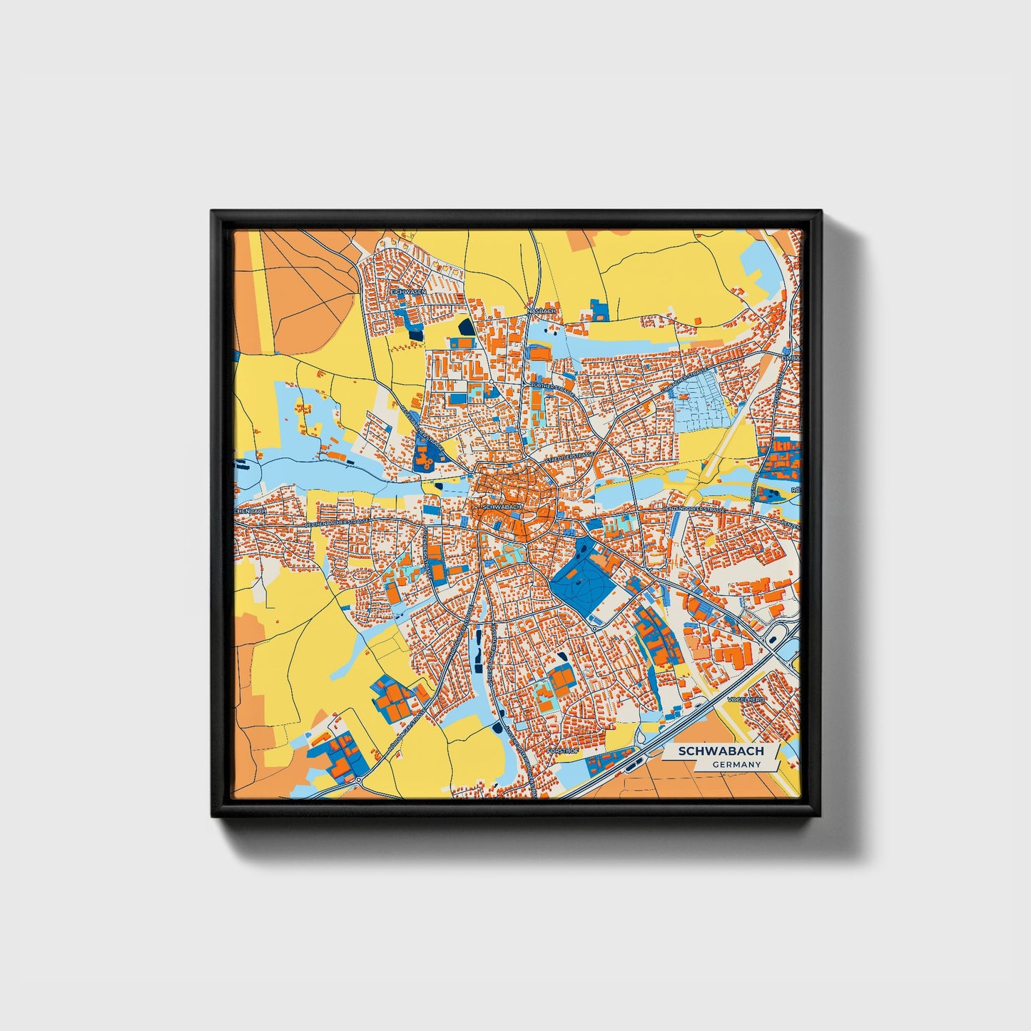 Schwabach Germany Colorful City Map Canvas Print • Black Framed