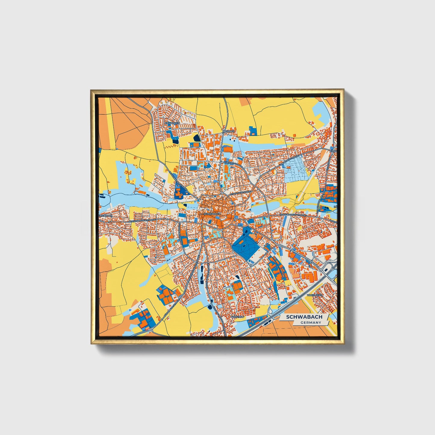 Schwabach Germany Colorful City Map Canvas Print • Gold Framed