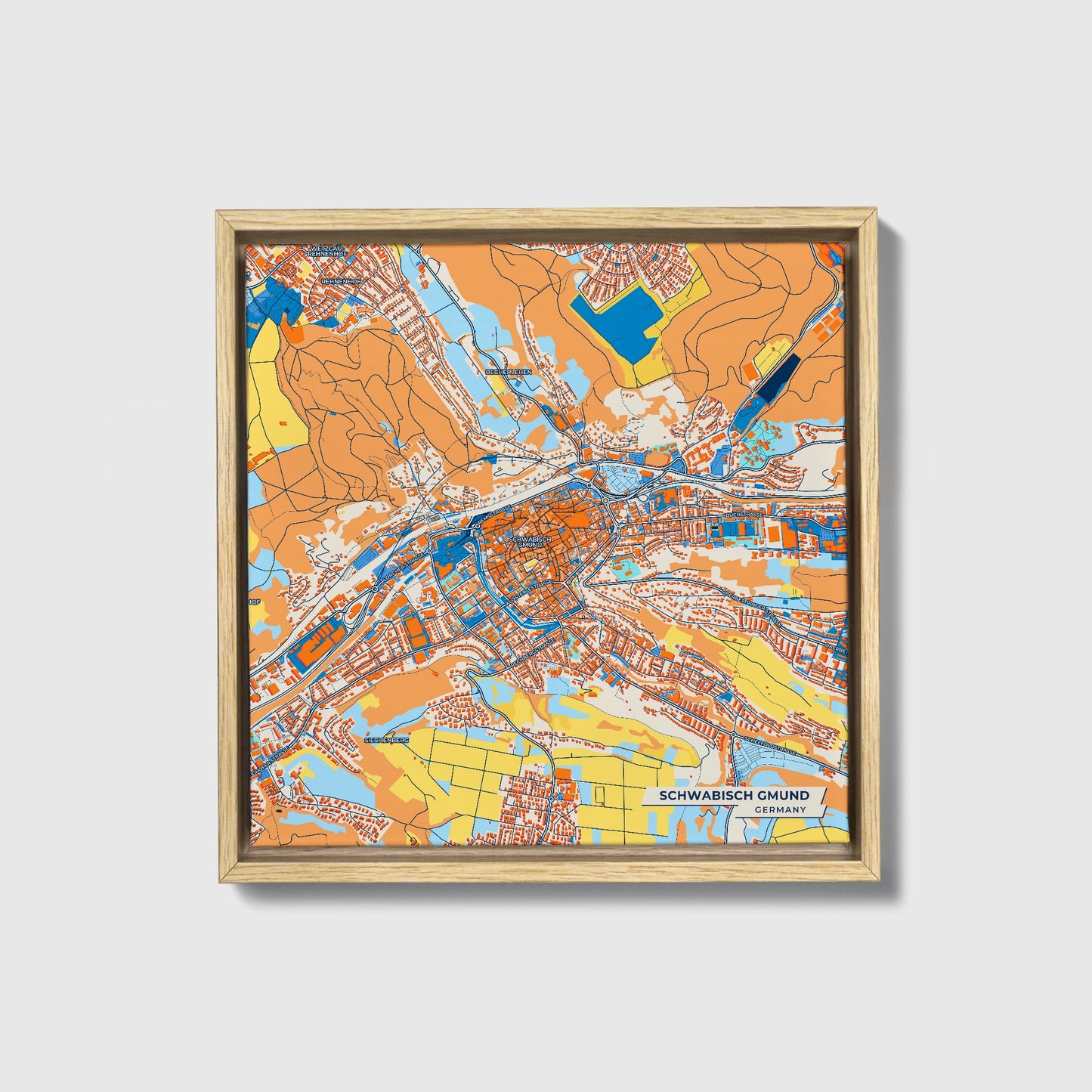 Schwäbisch Gmünd Germany Colorful City Map Canvas Print • Natural Wooden Framed