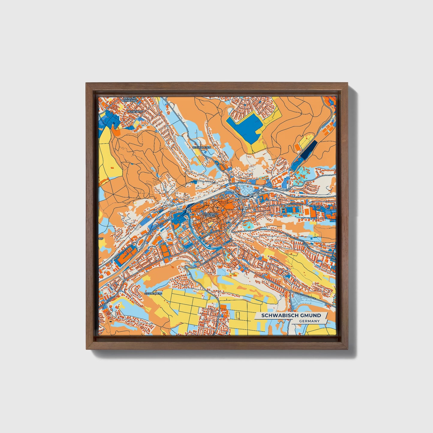 Schwäbisch Gmünd Germany Colorful City Map Canvas Print • Dark Wooden Framed