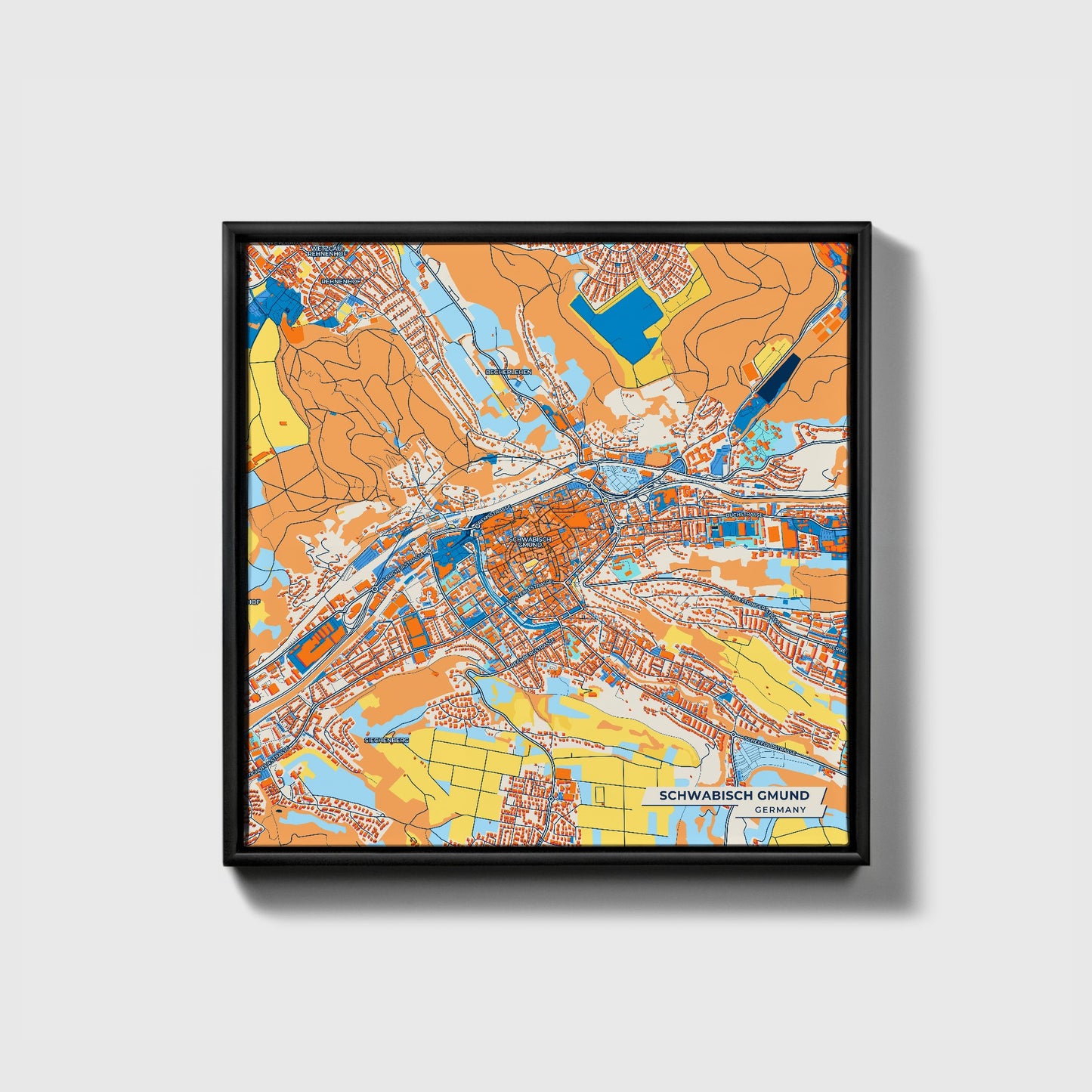 Schwäbisch Gmünd Germany Colorful City Map Canvas Print • Black Framed