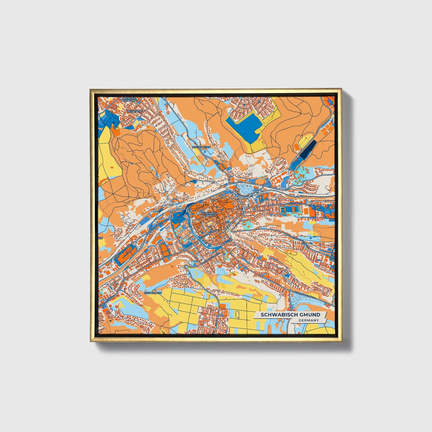 Schwäbisch Gmünd Germany Colorful City Map Canvas Print • Gold Framed