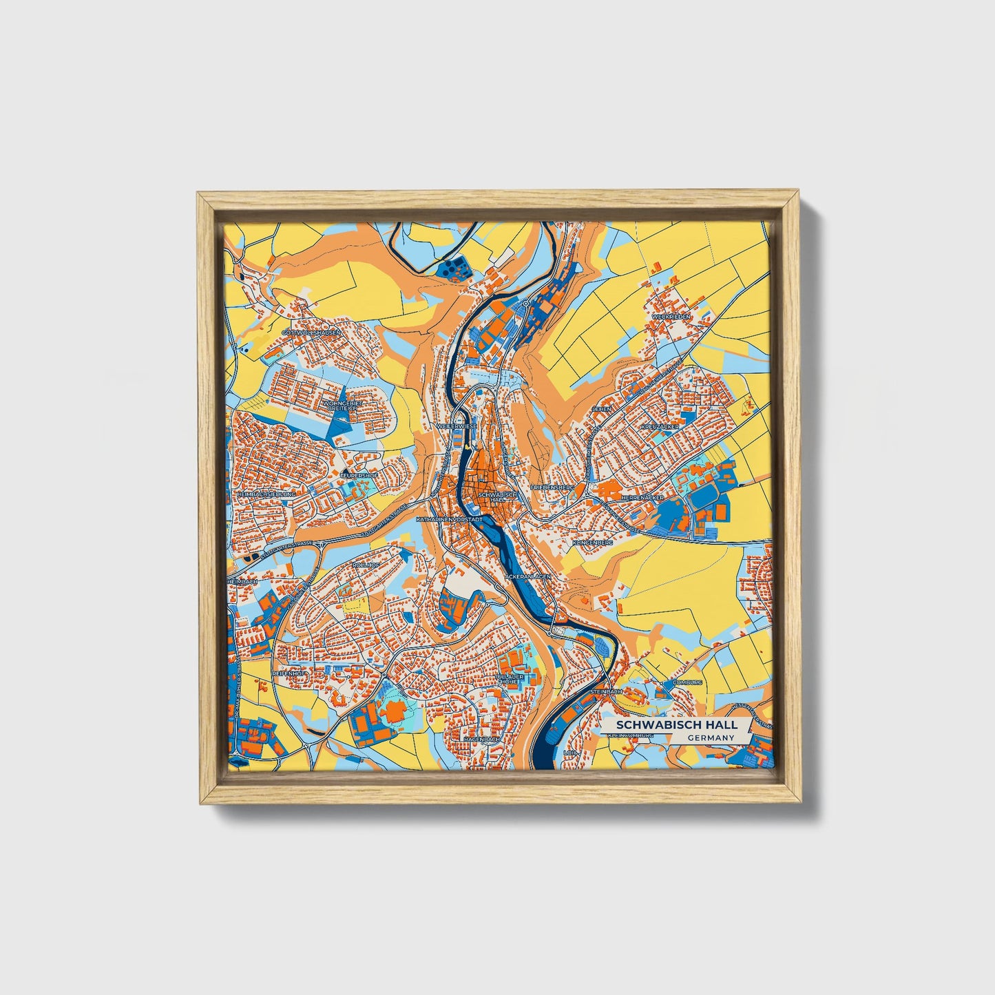 Schwäbisch Hall Germany Colorful City Map Canvas Print • Natural Wooden Framed