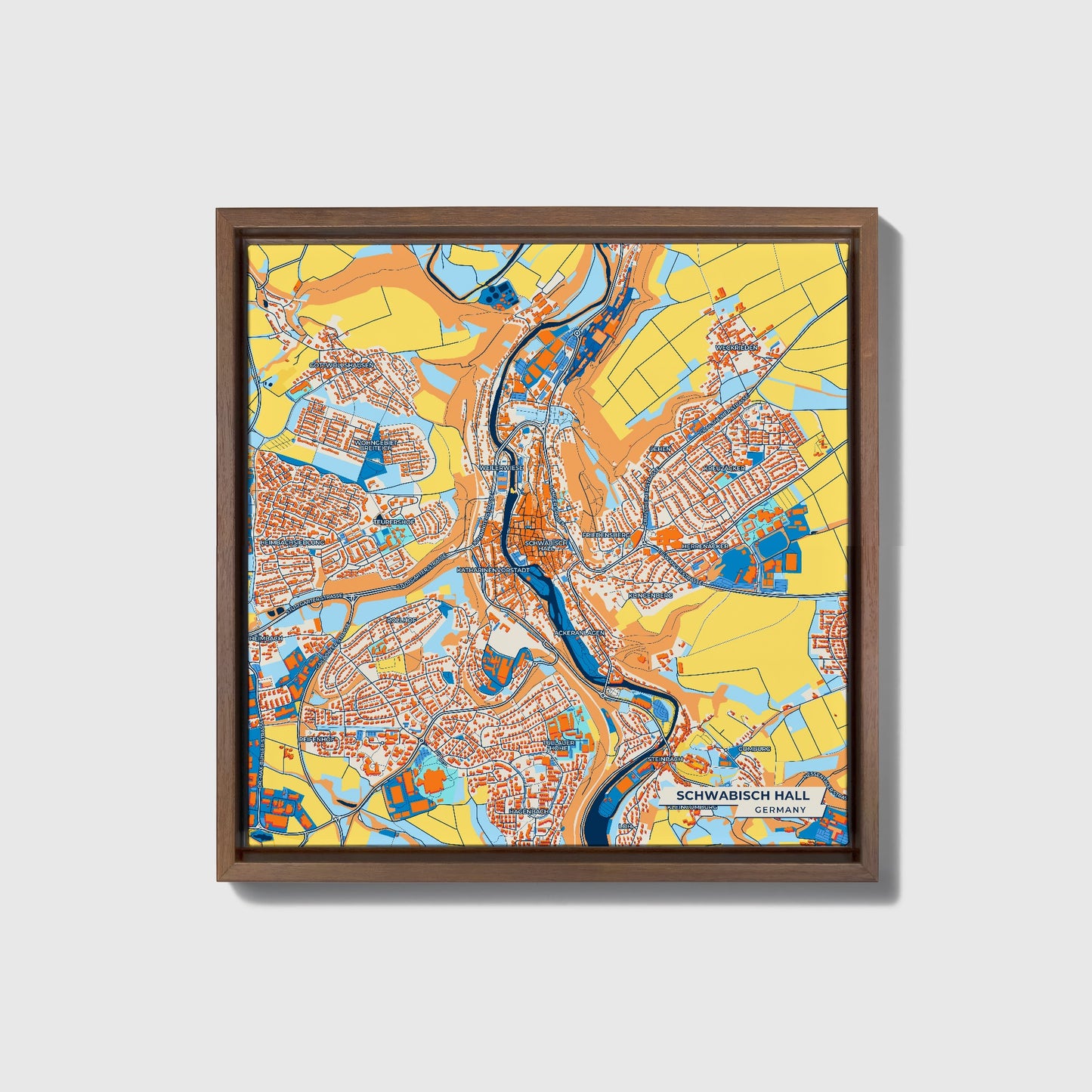Schwäbisch Hall Germany Colorful City Map Canvas Print • Dark Wooden Framed
