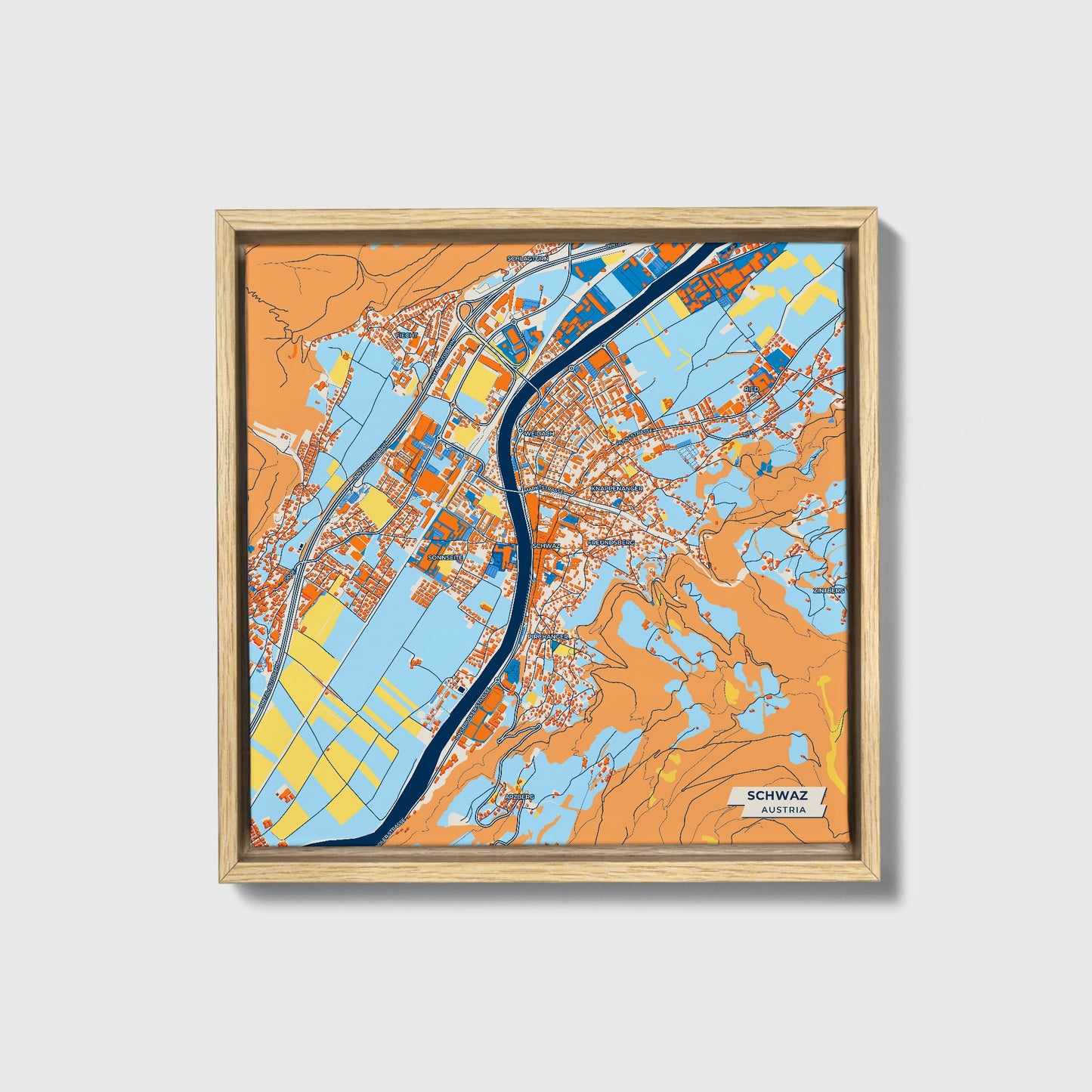 Schwaz Austria Colorful City Map Canvas Print • Natural Wooden Framed