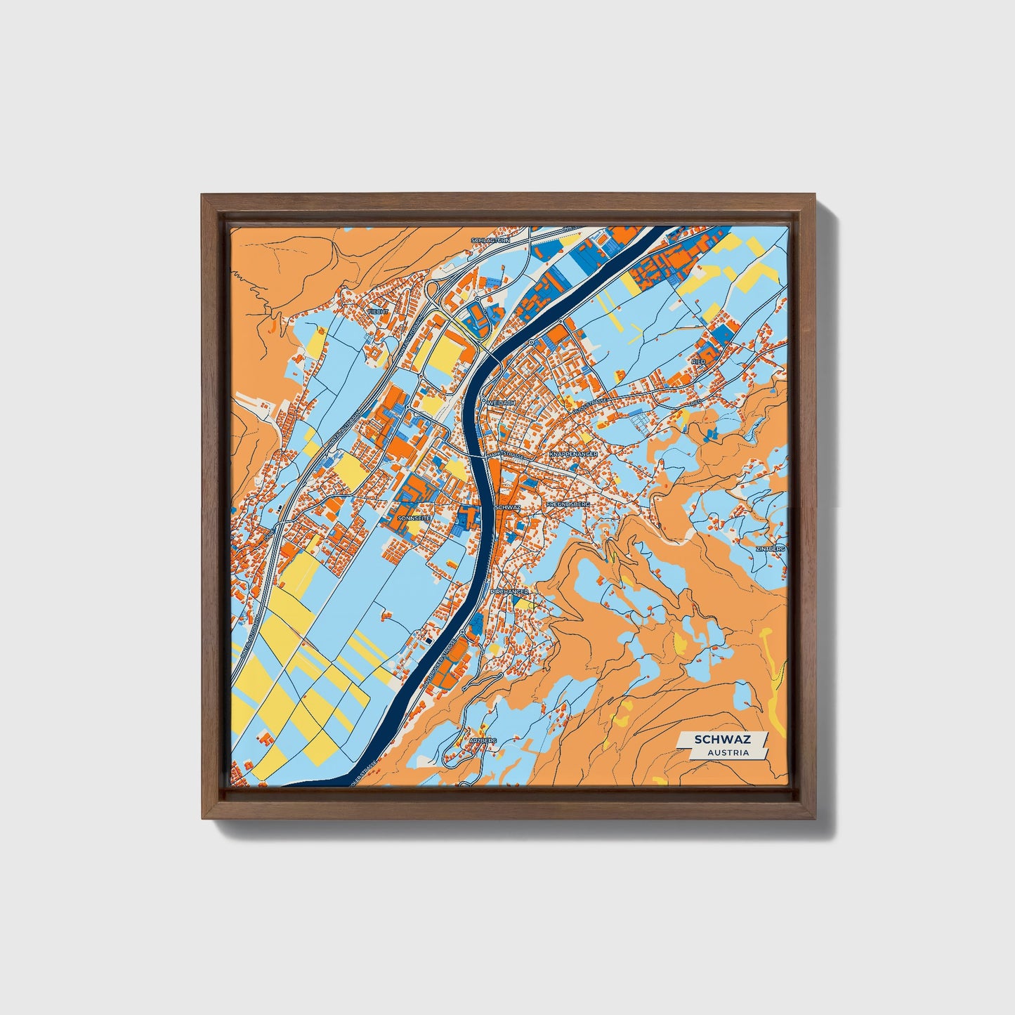 Schwaz Austria Colorful City Map Canvas Print • Dark Wooden Framed