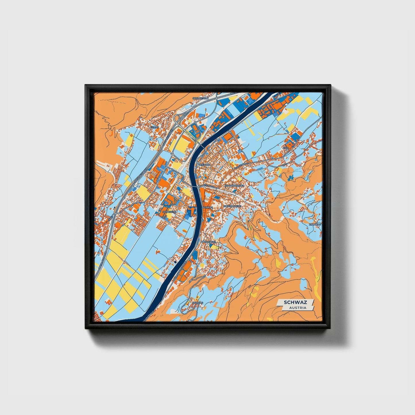 Schwaz Austria Colorful City Map Canvas Print • Black Framed