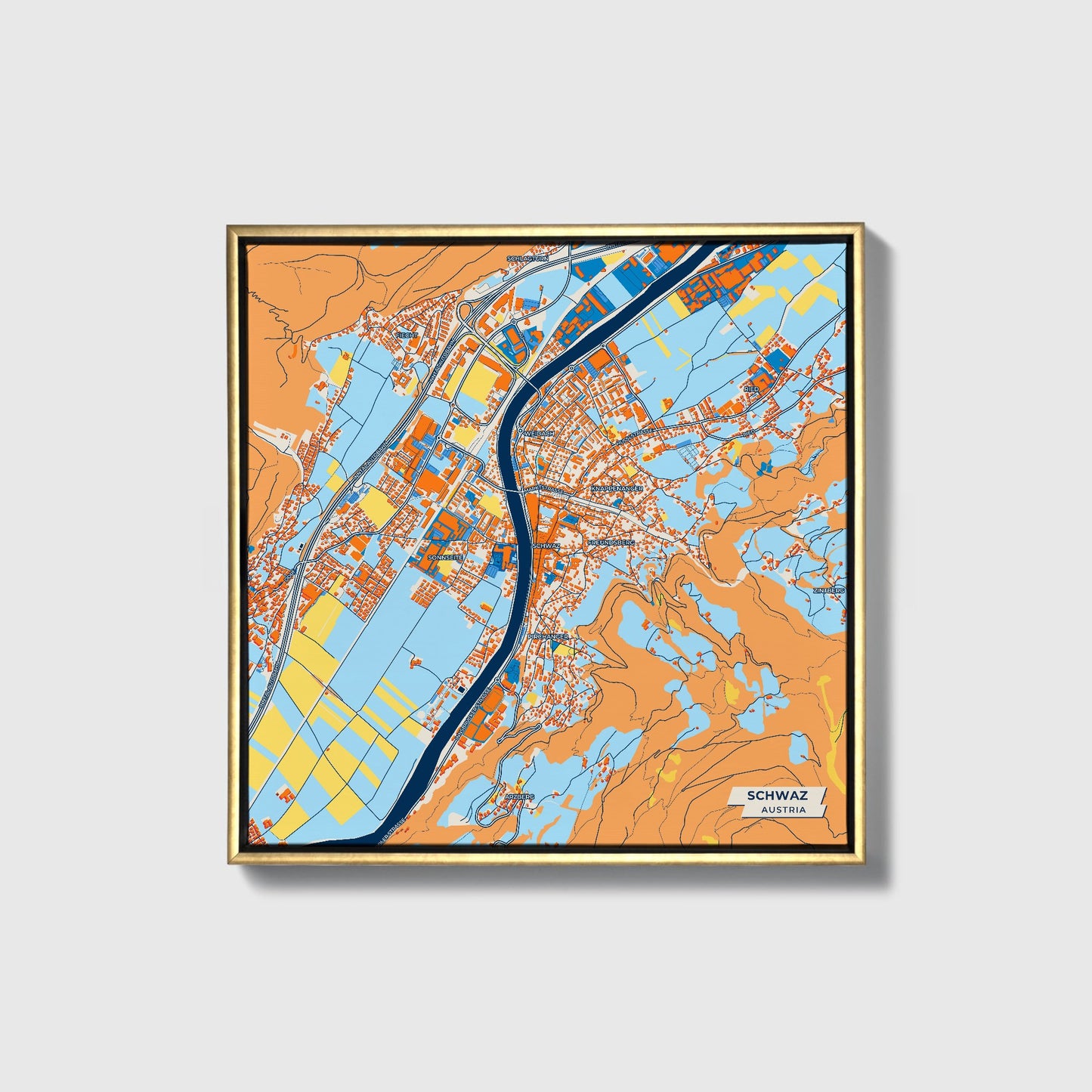 Schwaz Austria Colorful City Map Canvas Print • Gold Framed