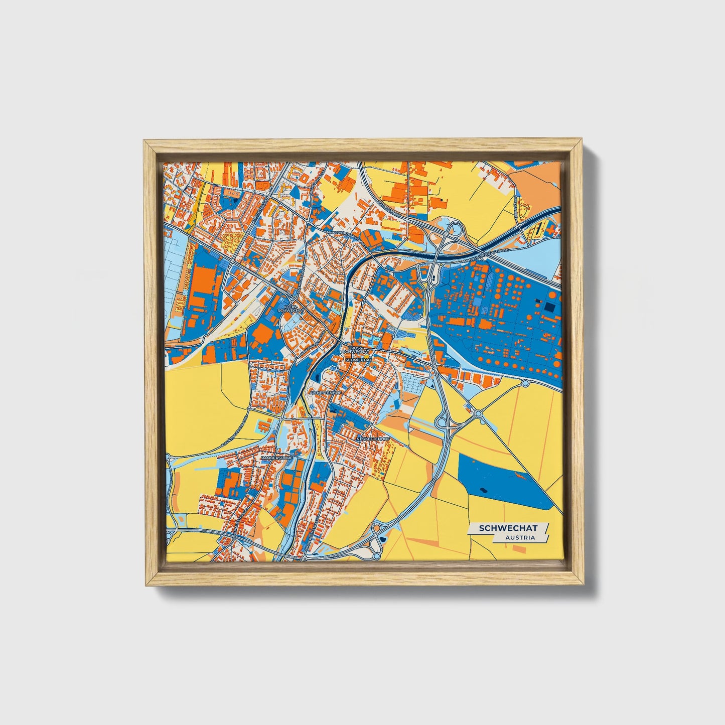 Schwechat Austria Colorful City Map Canvas Print • Natural Wooden Framed
