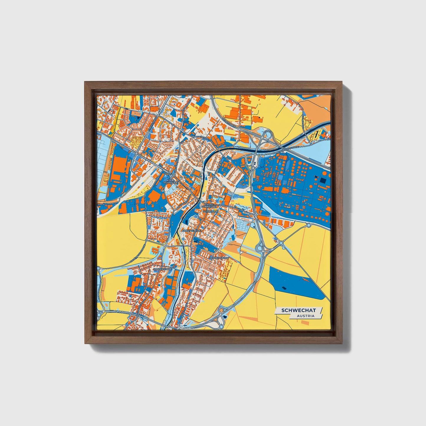 Schwechat Austria Colorful City Map Canvas Print • Dark Wooden Framed
