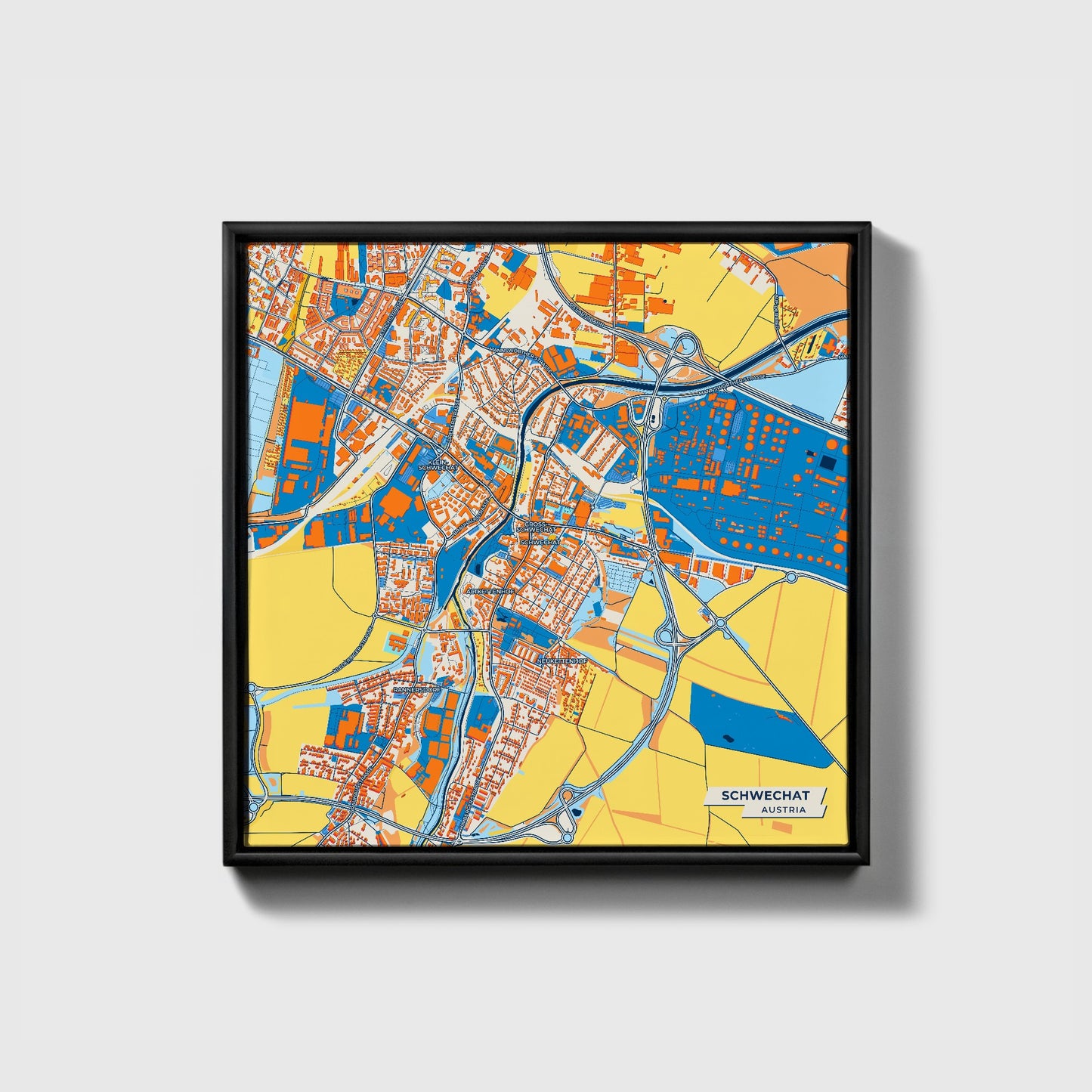 Schwechat Austria Colorful City Map Canvas Print • Black Framed