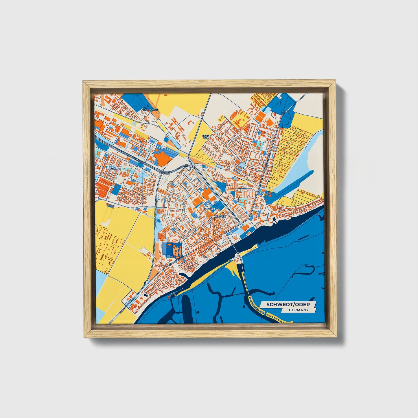 Schwedt/Oder Germany Colorful City Map Canvas Print • Natural Wooden Framed