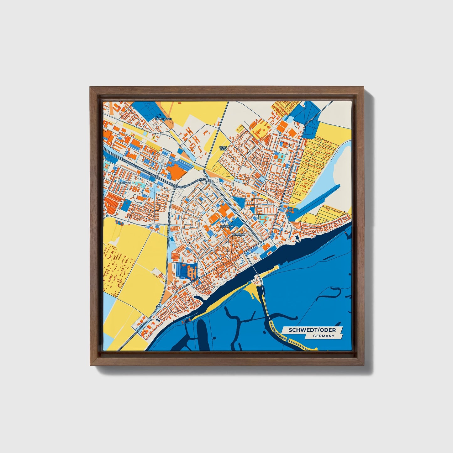 Schwedt/Oder Germany Colorful City Map Canvas Print • Dark Wooden Framed