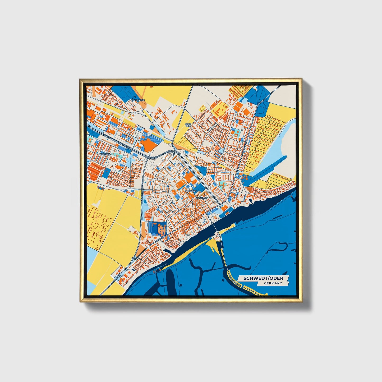 Schwedt/Oder Germany Colorful City Map Canvas Print • Gold Framed