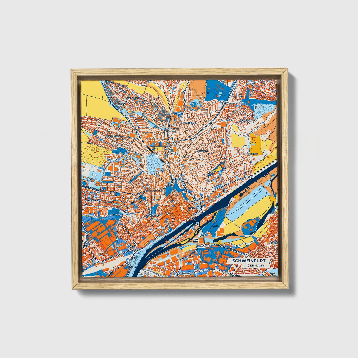 Schweinfurt Germany Colorful City Map Canvas Print • Natural Wooden Framed