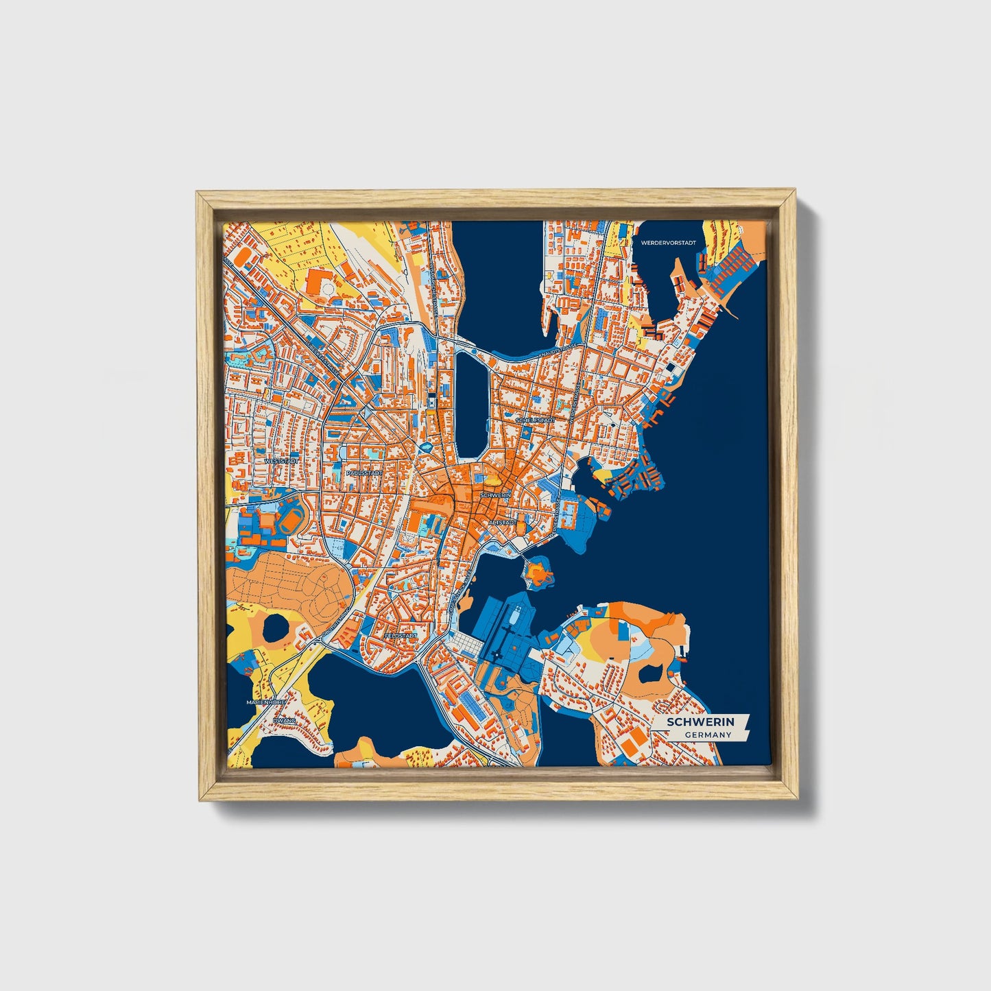 Schwerin Germany Colorful City Map Canvas Print • Natural Wooden Framed