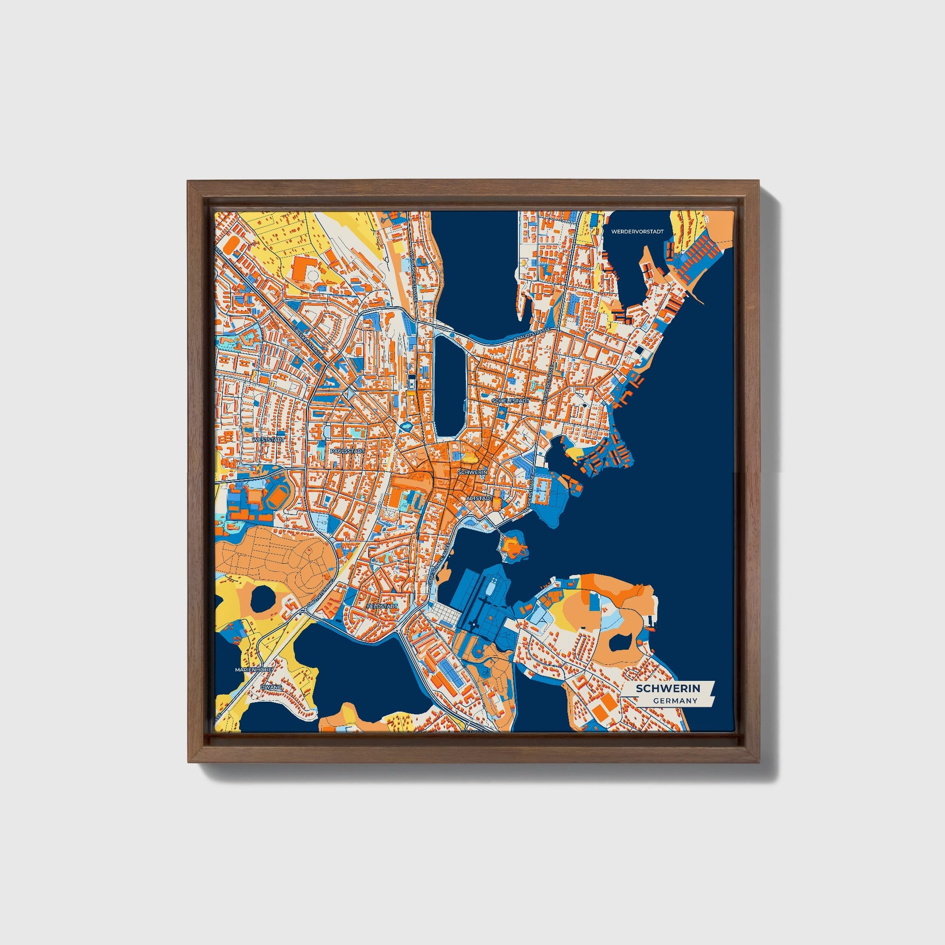 Schwerin Germany Colorful City Map Canvas Print • Dark Wooden Framed