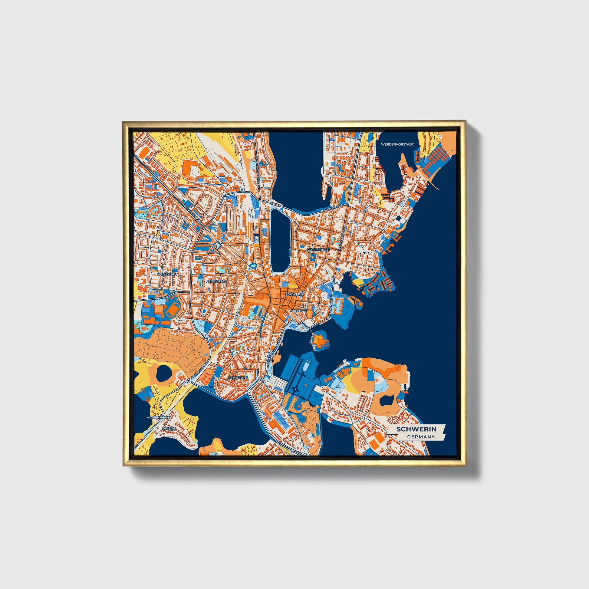Schwerin Germany Colorful City Map Canvas Print • Gold Framed