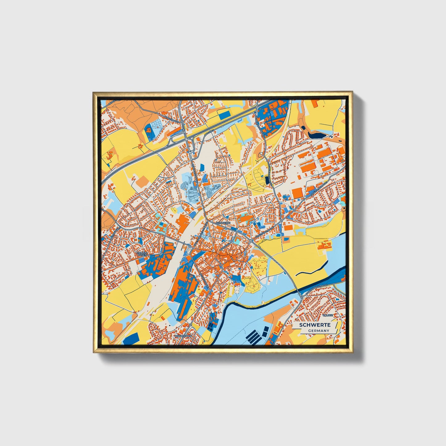 Schwerte Germany Colorful City Map Canvas Print • Gold Framed