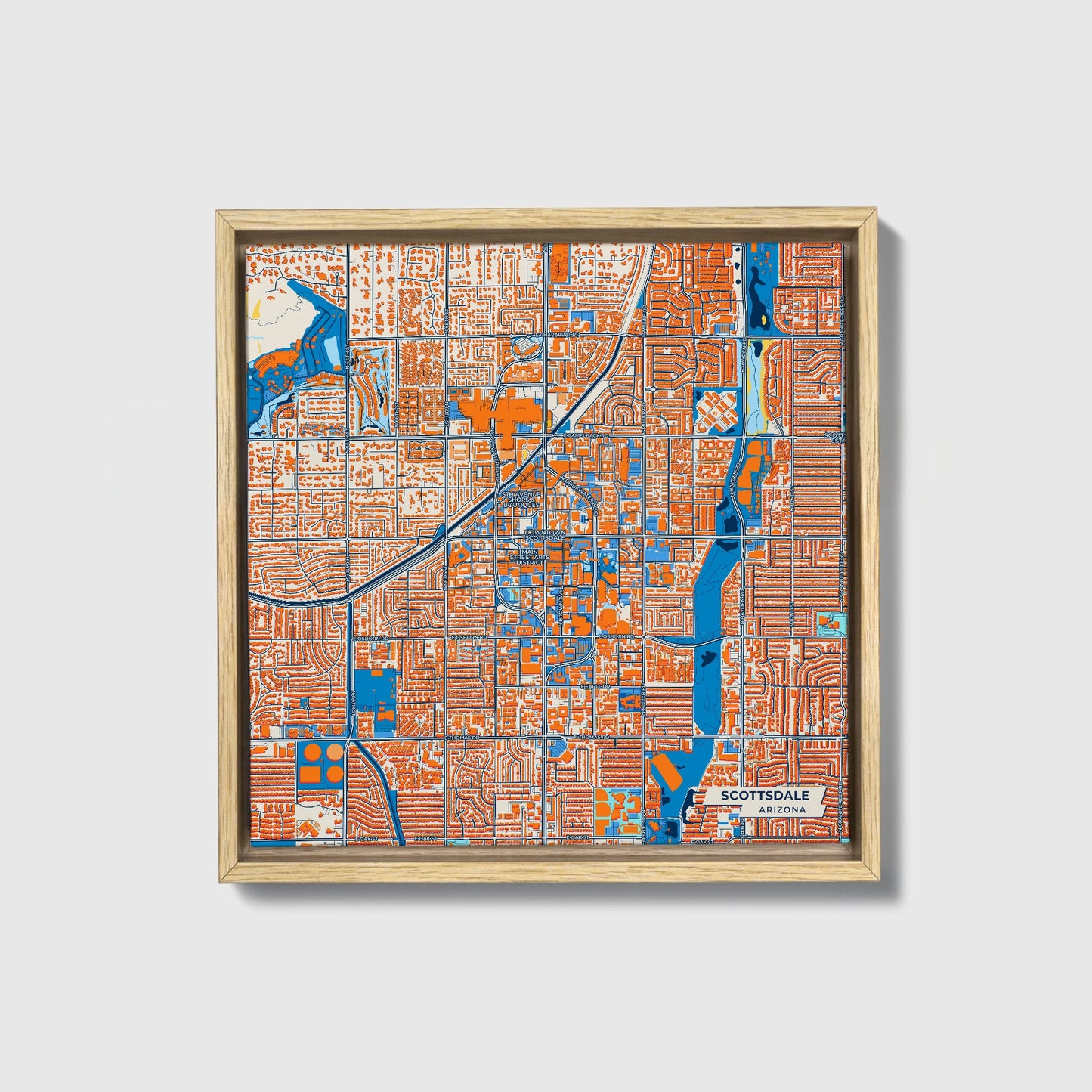 Scottsdale Arizona Colorful City Map Canvas Print • Natural Wooden Framed