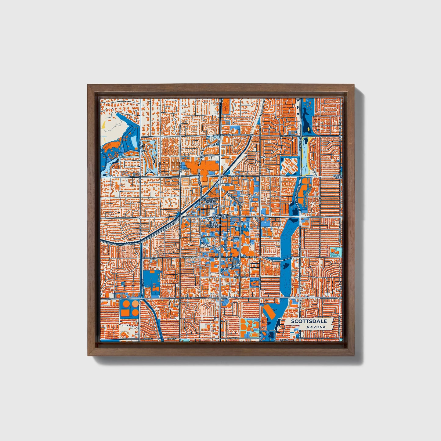 Scottsdale Arizona Colorful City Map Canvas Print • Dark Wooden Framed