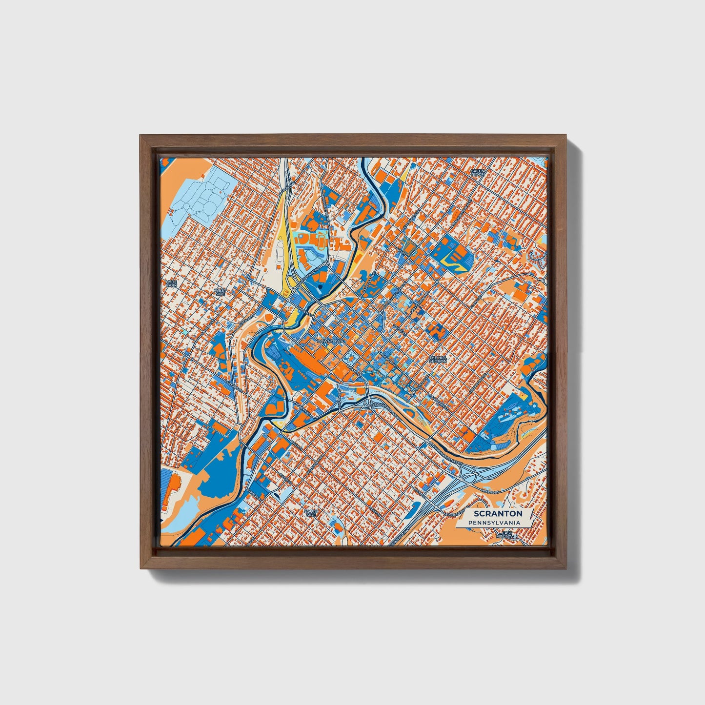 Scranton Pennsylvania Colorful City Map Canvas Print • Dark Wooden Framed