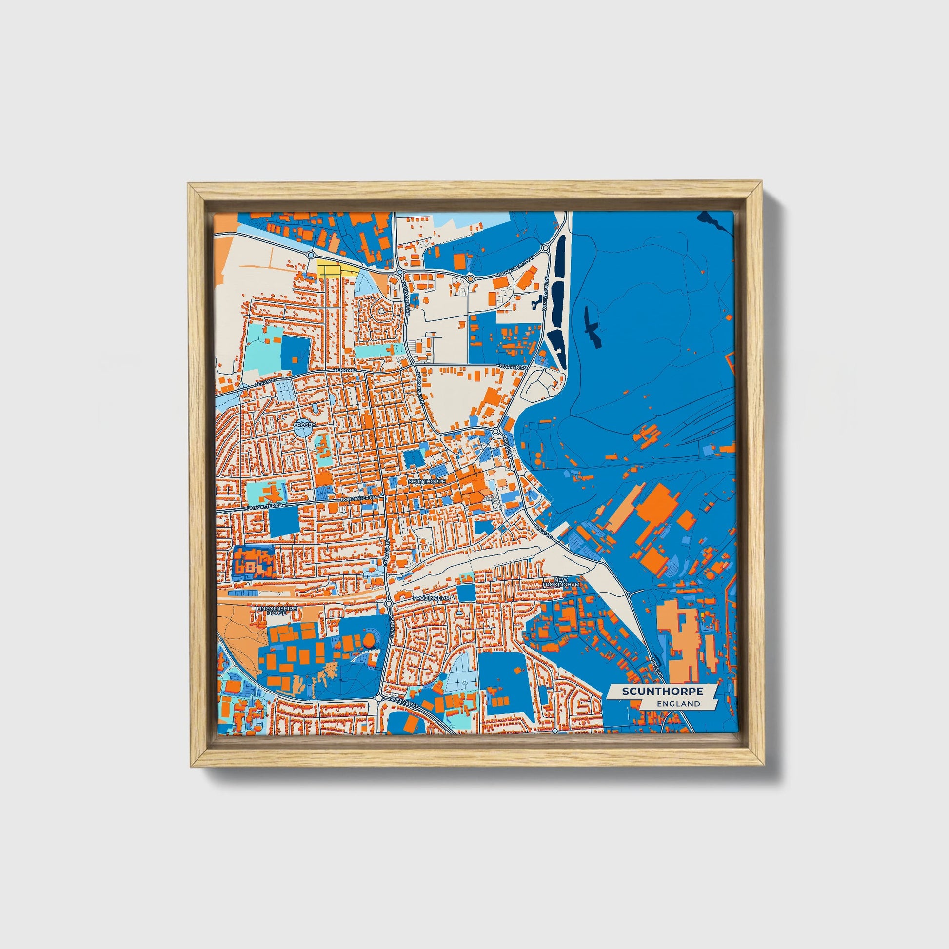 Scunthorpe England Colorful City Map Canvas Print • Natural Wooden Framed