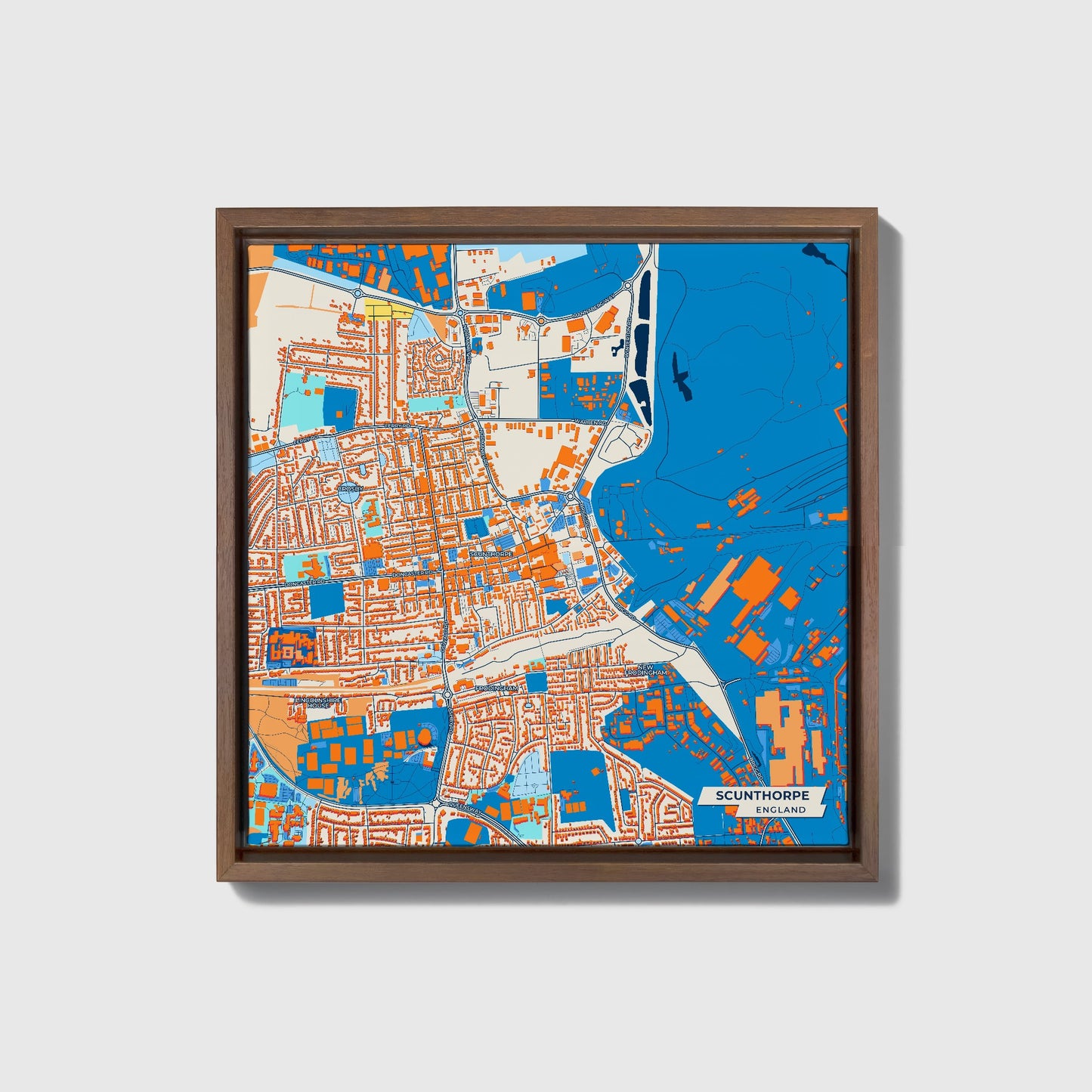 Scunthorpe England Colorful City Map Canvas Print • Dark Wooden Framed