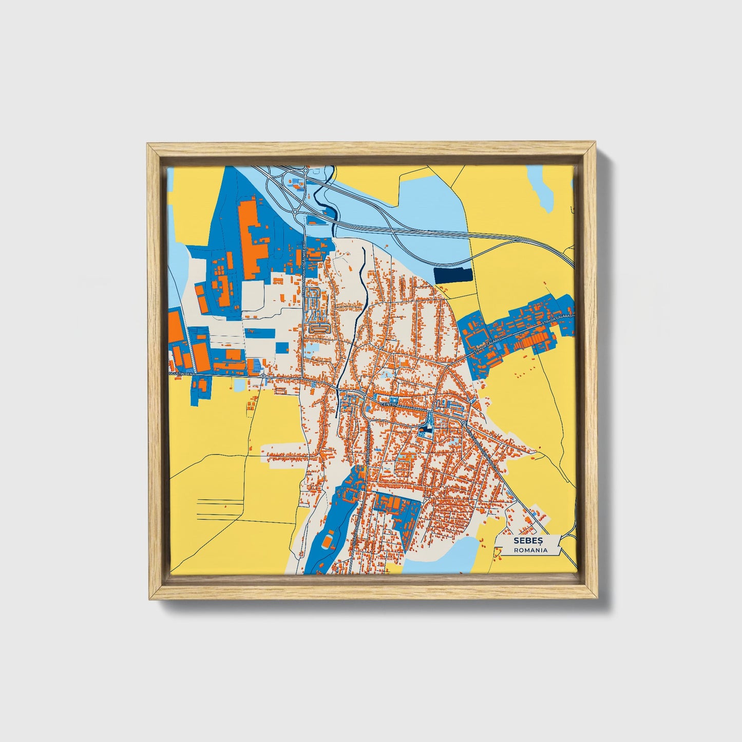 Sebeș Romania Colorful City Map Canvas Print • Natural Wooden Framed