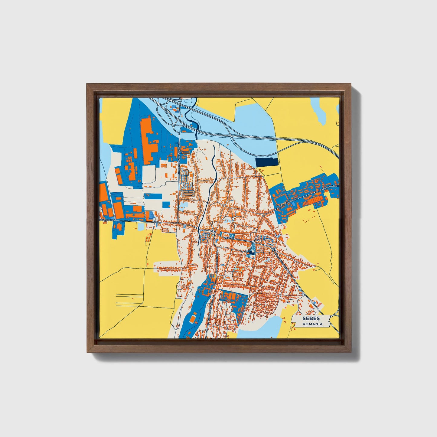 Sebeș Romania Colorful City Map Canvas Print • Dark Wooden Framed