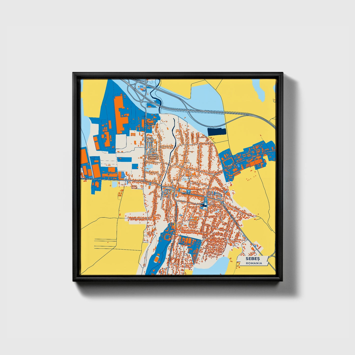 Sebeș Romania Colorful City Map Canvas Print • Black Framed