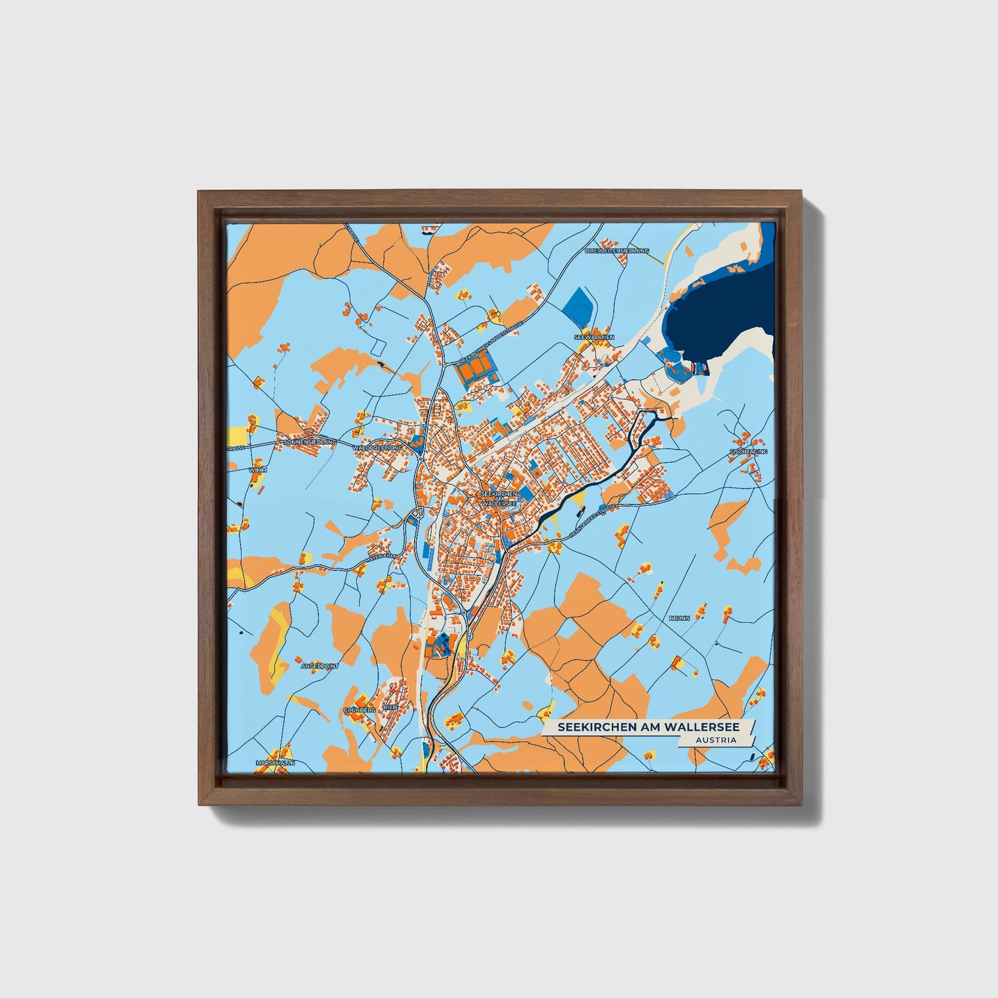 Seekirchen Am Wallersee Austria Colorful City Map Canvas Print • Dark Wooden Framed