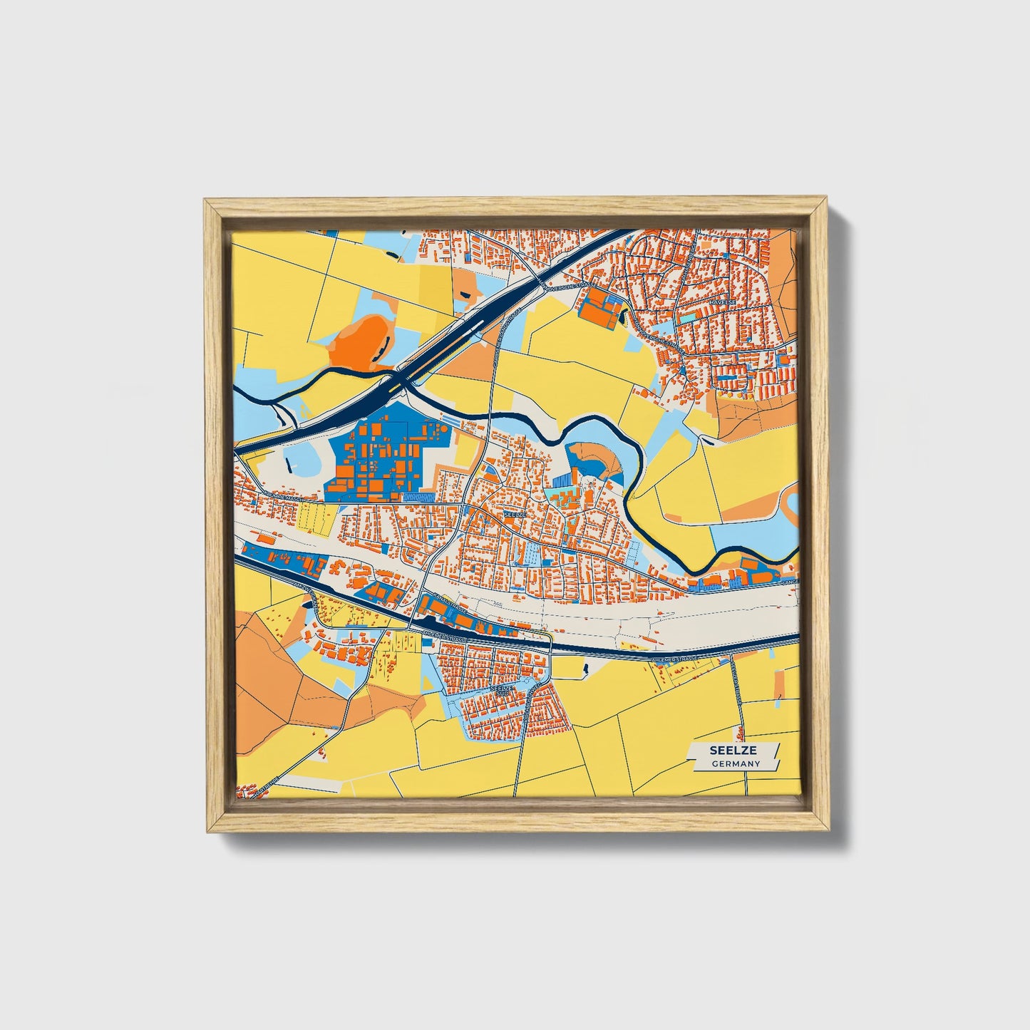 Seelze Germany Colorful City Map Canvas Print • Natural Wooden Framed
