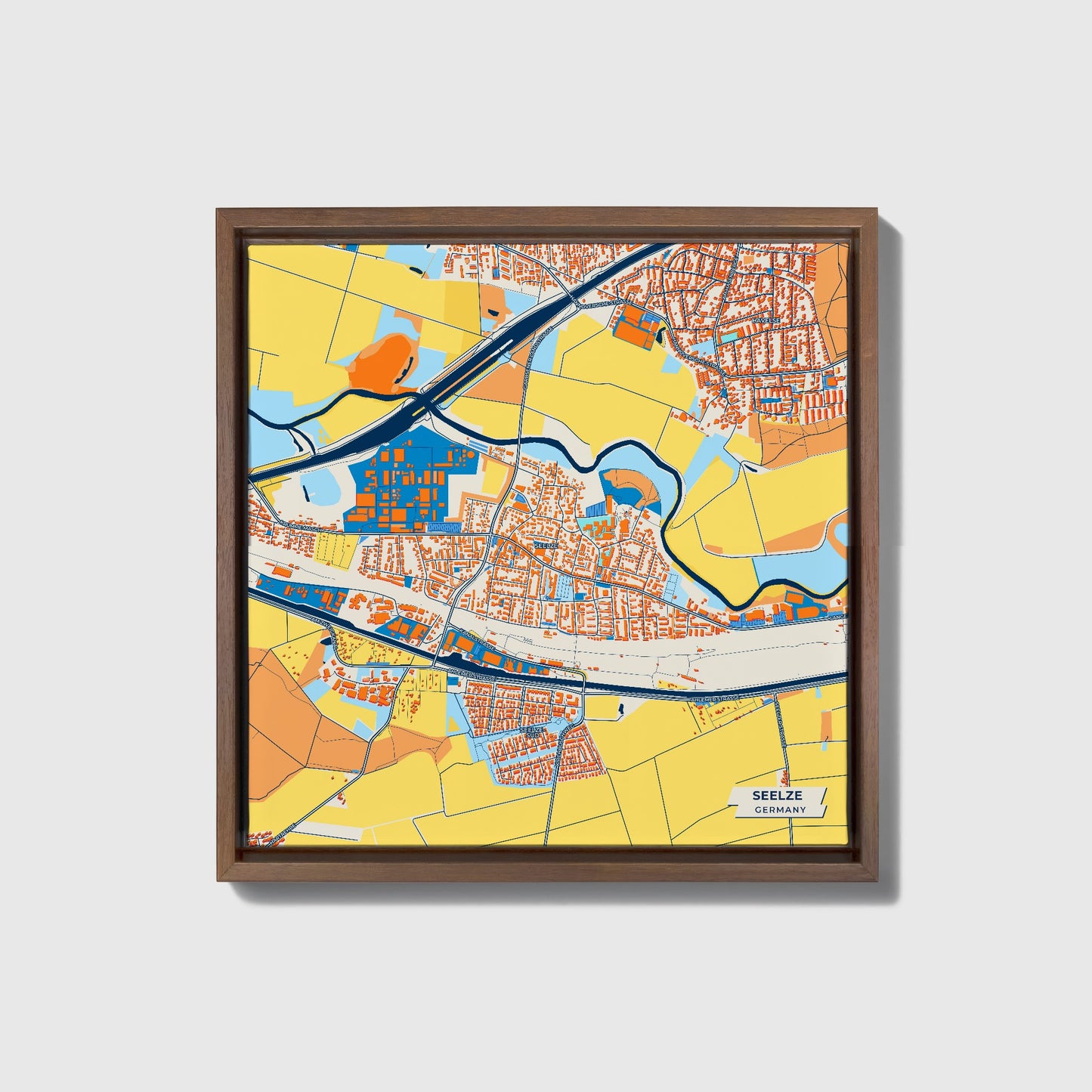 Seelze Germany Colorful City Map Canvas Print • Dark Wooden Framed