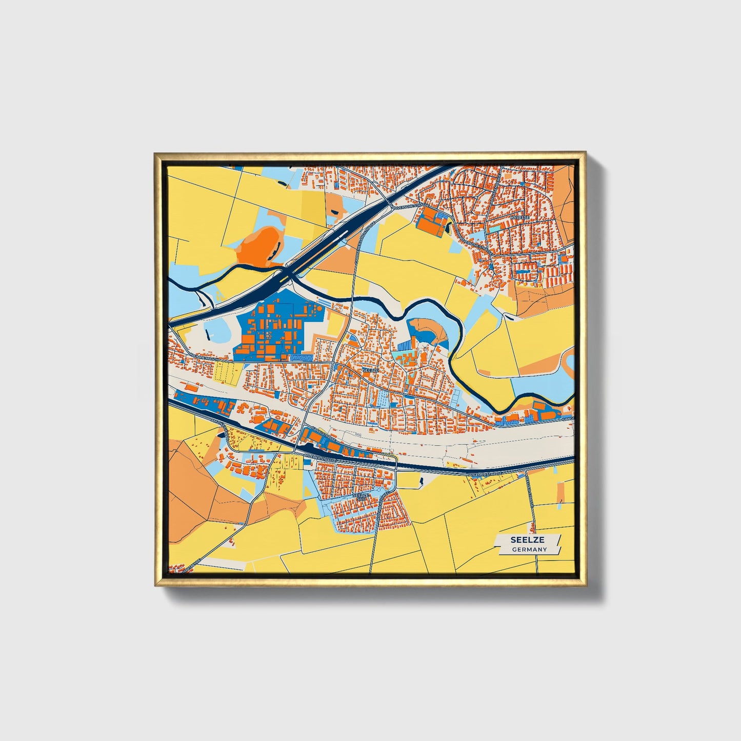 Seelze Germany Colorful City Map Canvas Print • Gold Framed