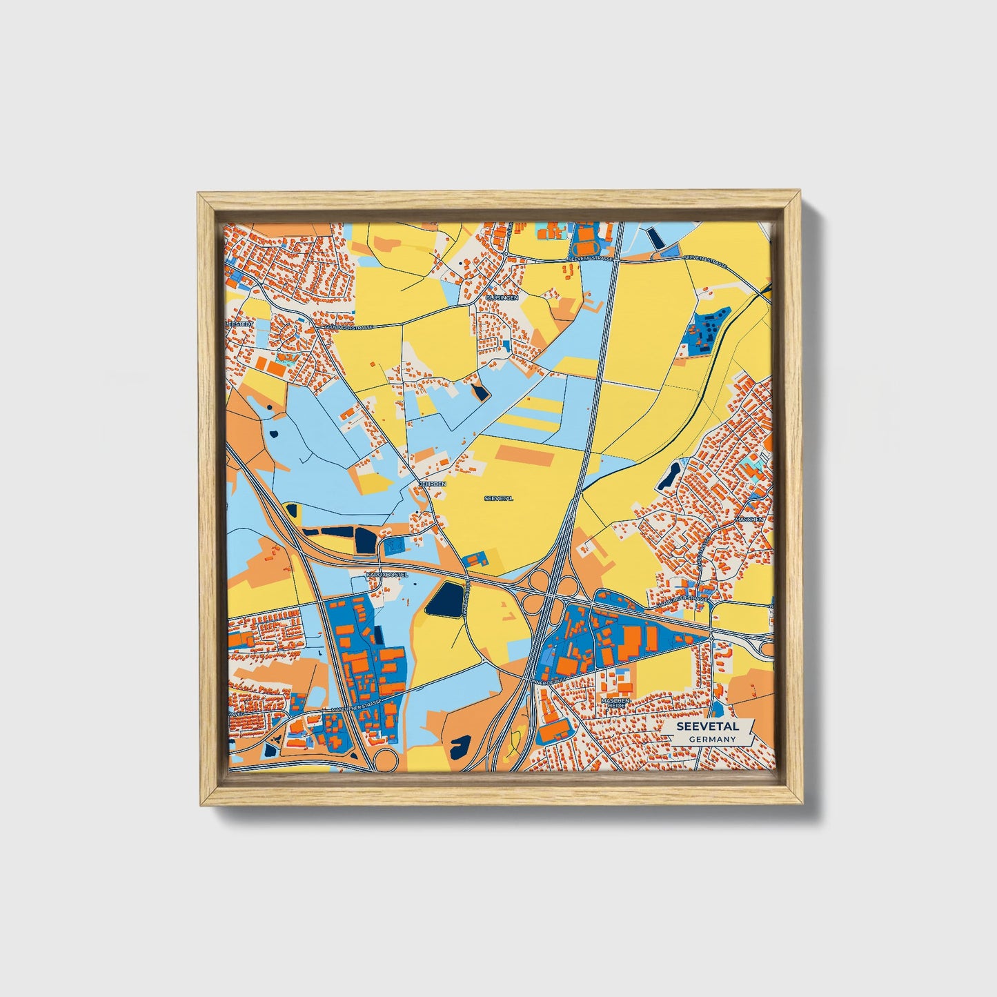 Seevetal  Germany Colorful City Map Canvas Print • Natural Wooden Framed