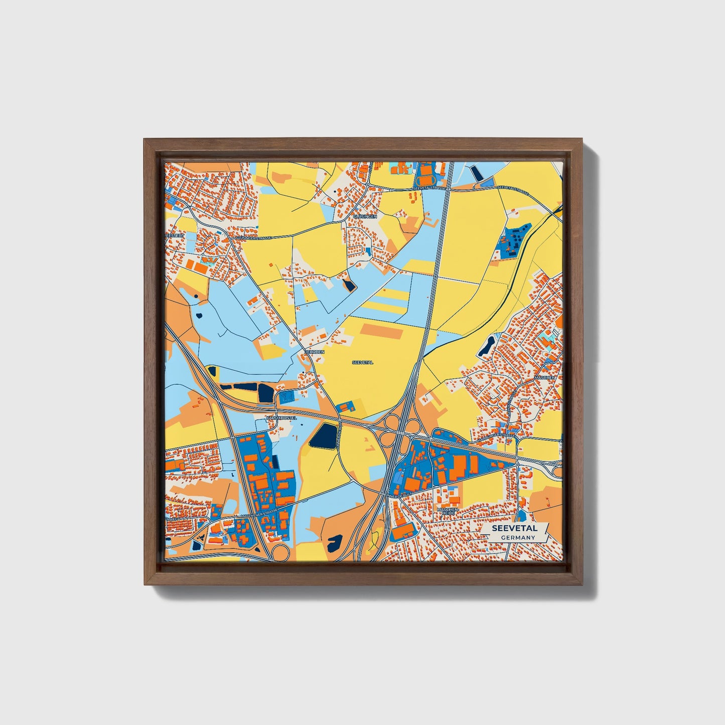 Seevetal  Germany Colorful City Map Canvas Print • Dark Wooden Framed