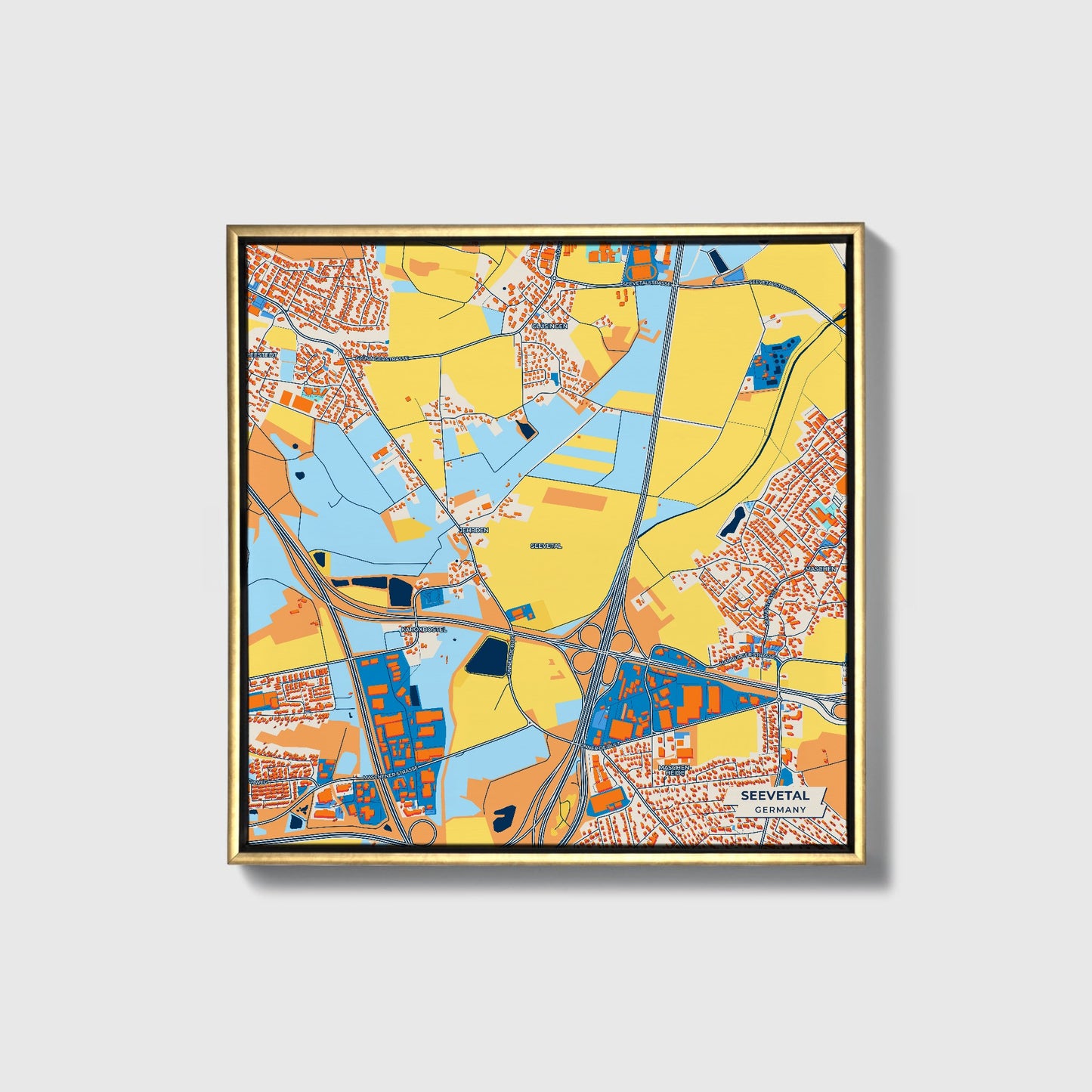 Seevetal  Germany Colorful City Map Canvas Print • Gold Framed