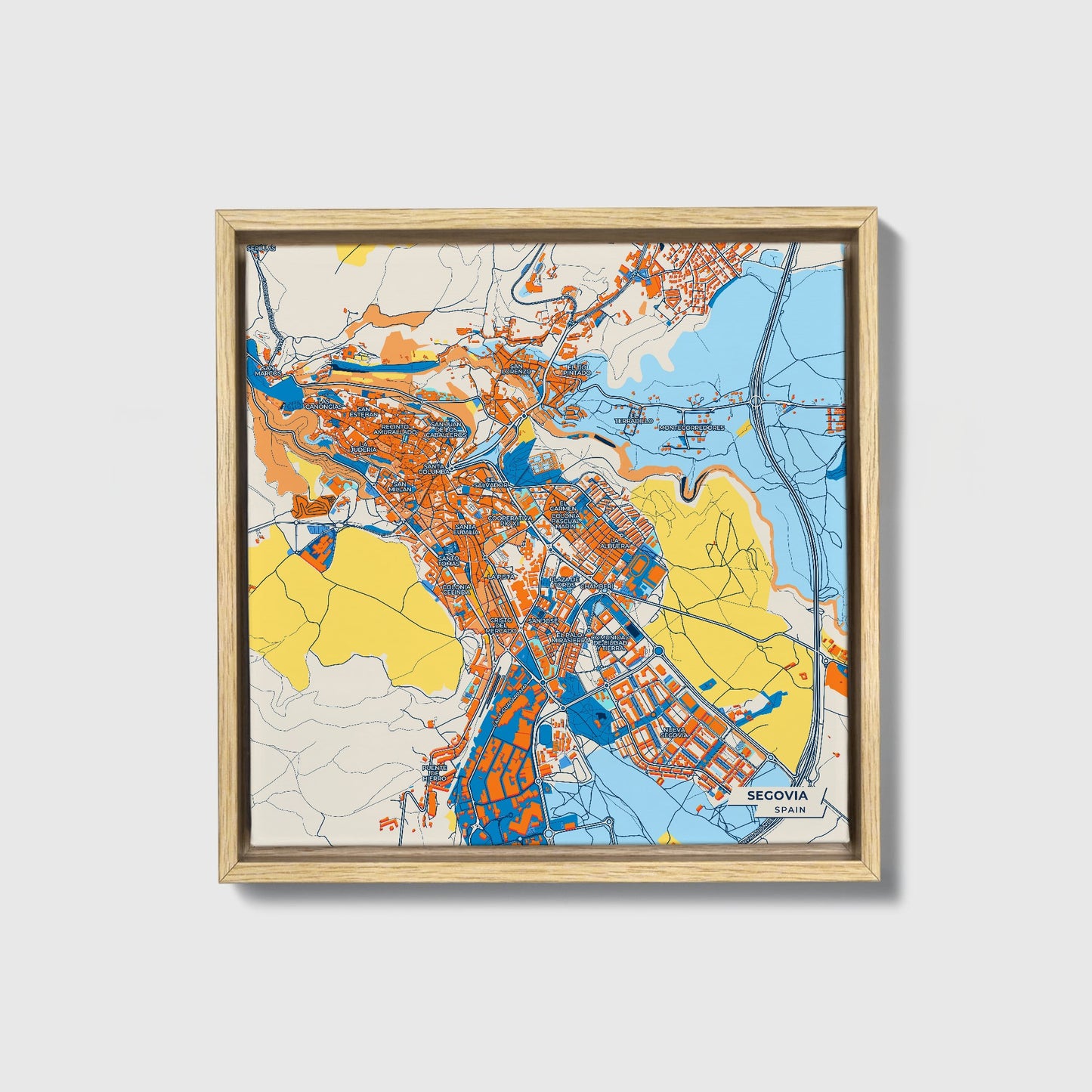 Segovia Spain Colorful City Map Canvas Print • Natural Wooden Framed