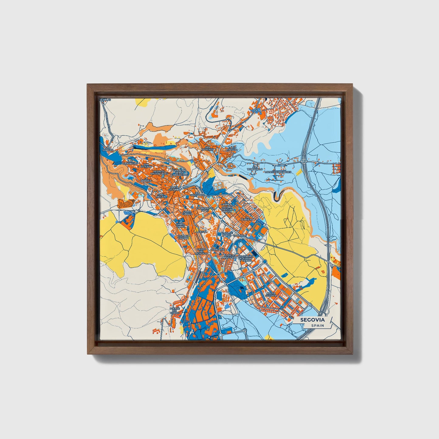 Segovia Spain Colorful City Map Canvas Print • Dark Wooden Framed
