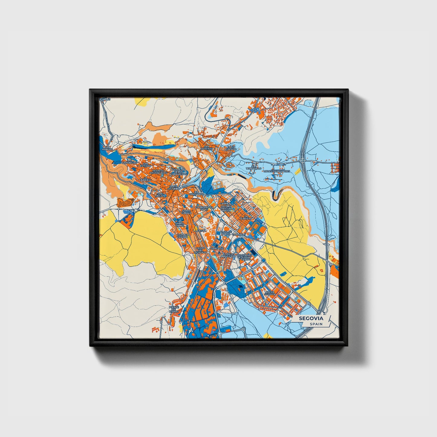 Segovia Spain Colorful City Map Canvas Print • Black Framed