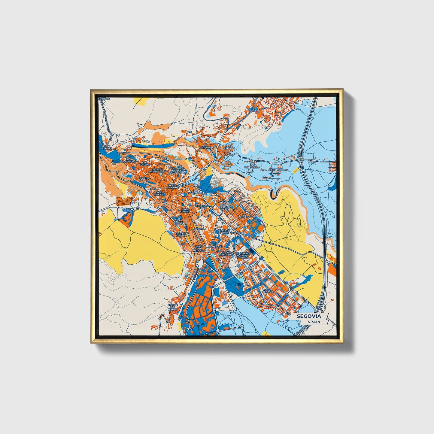 Segovia Spain Colorful City Map Canvas Print • Gold Framed