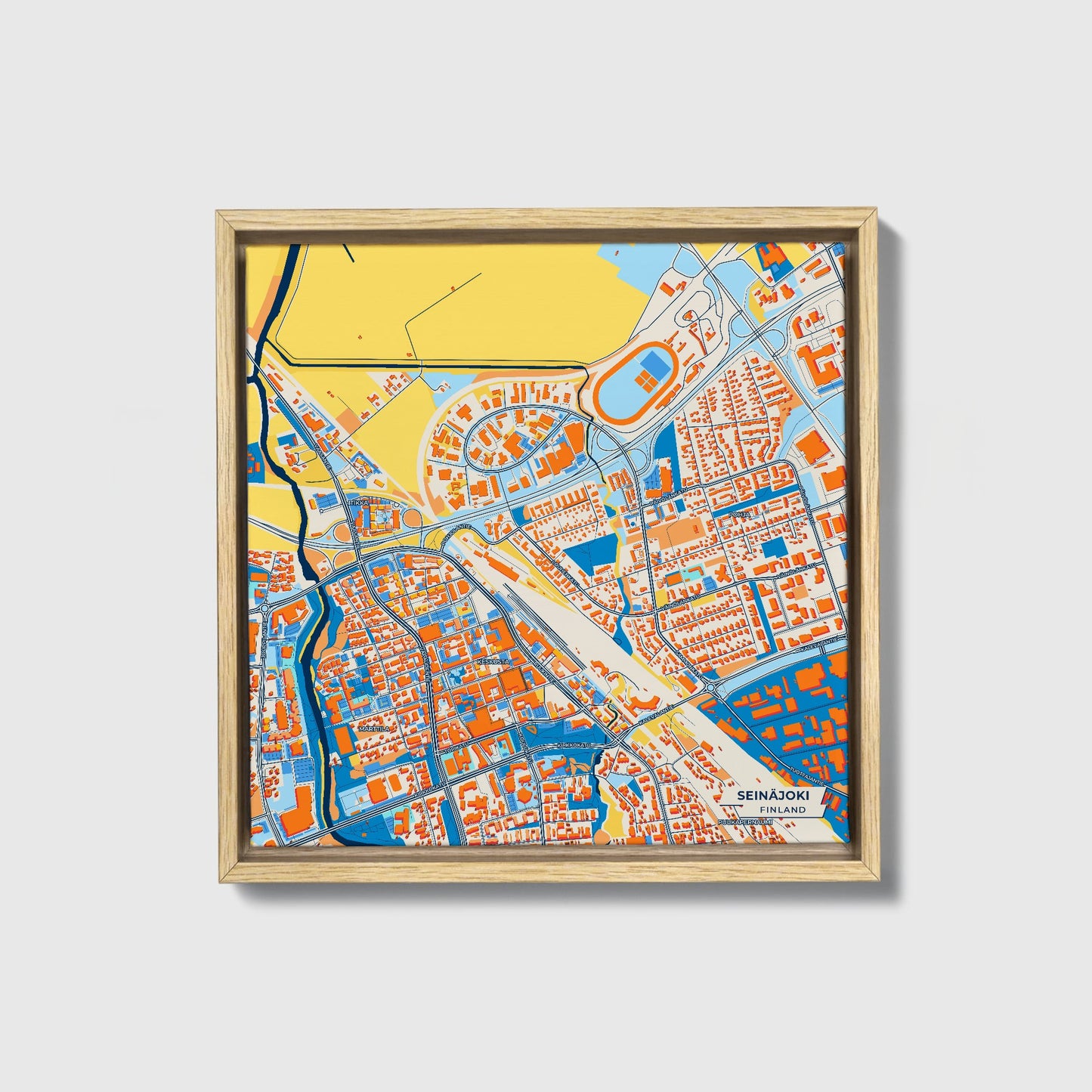 Seinäjoki Finland Colorful City Map Canvas Print • Natural Wooden Framed