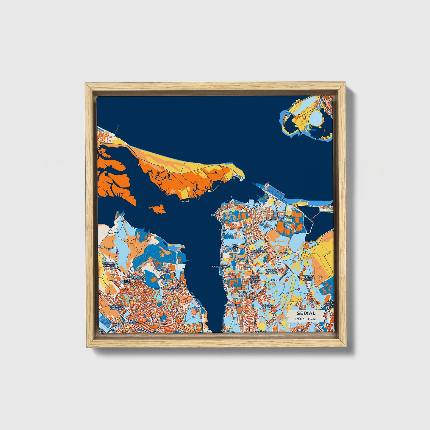Seixal Portugal Colorful City Map Canvas Print • Natural Wooden Framed