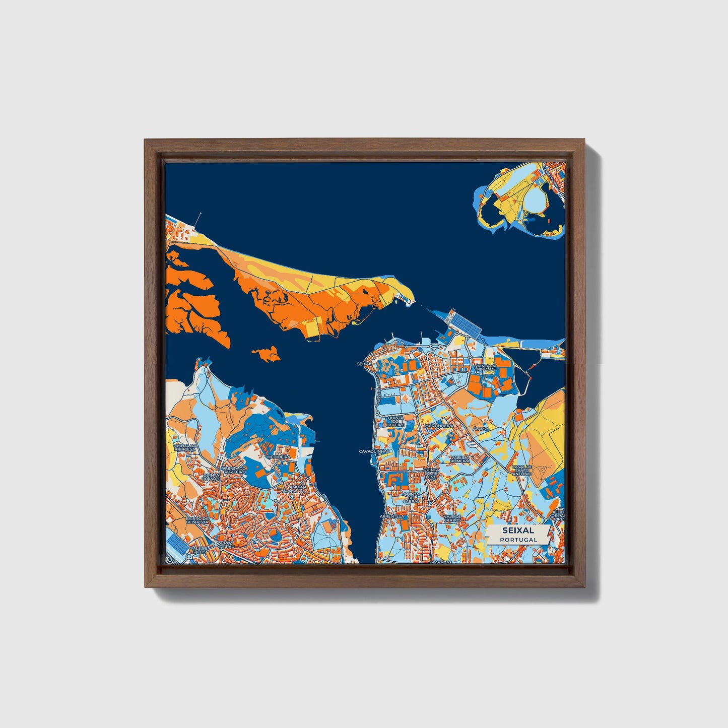 Seixal Portugal Colorful City Map Canvas Print • Dark Wooden Framed