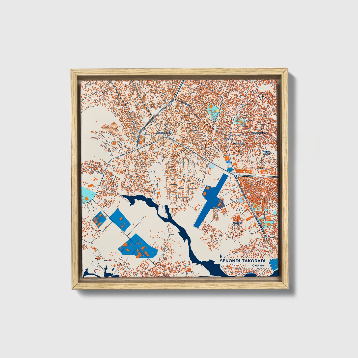 Sekondi-Takoradi Ghana Colorful City Map Canvas Print • Natural Wooden Framed