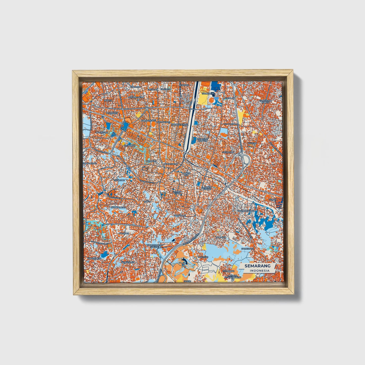 Semarang Indonesia Colorful City Map Canvas Print • Natural Wooden Framed