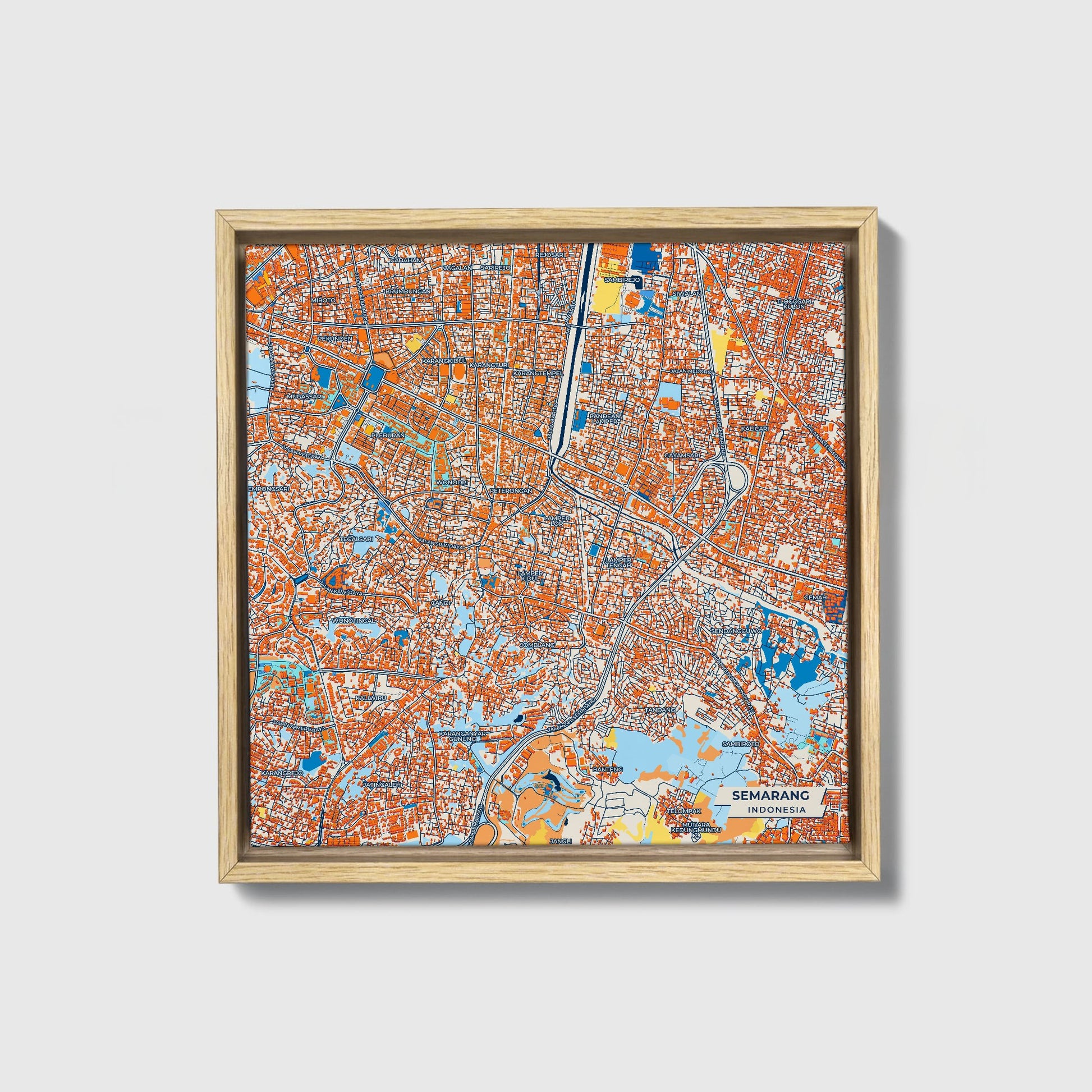 Semarang Indonesia Colorful City Map Canvas Print • Natural Wooden Framed